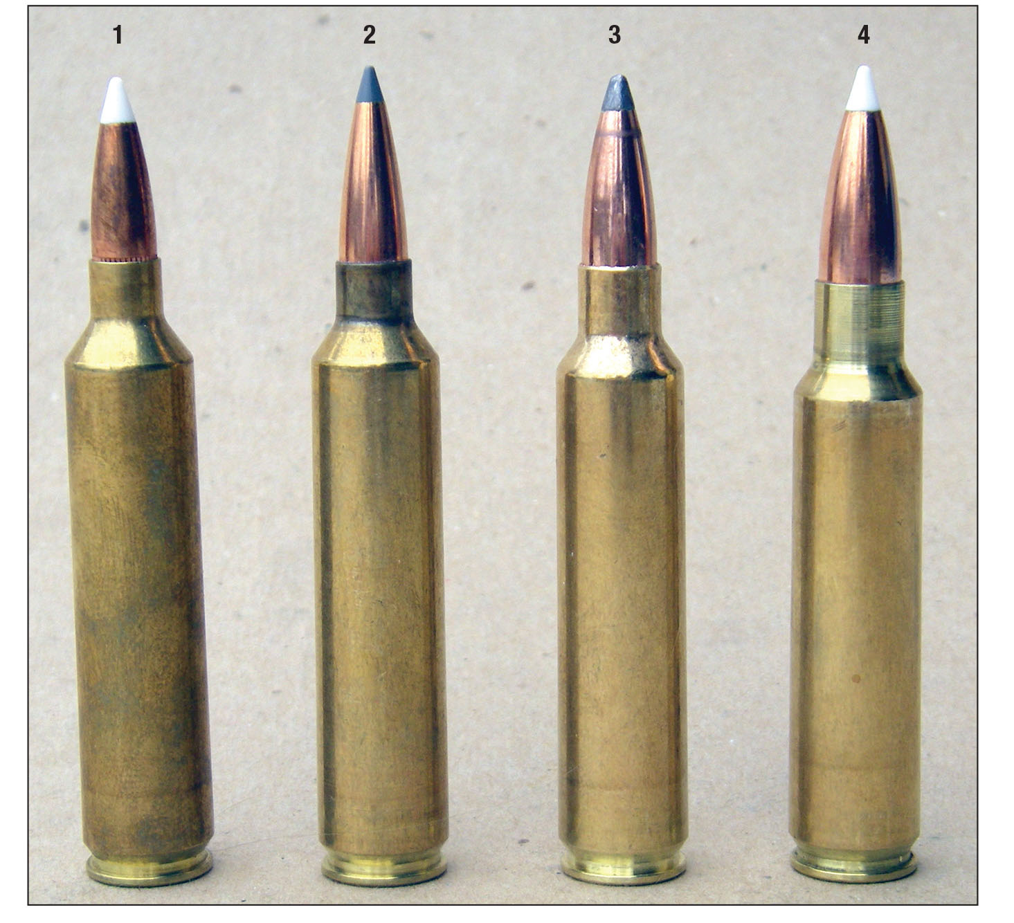 Nosler cartridges include (left to right): .26, .28, .30 and .33. 