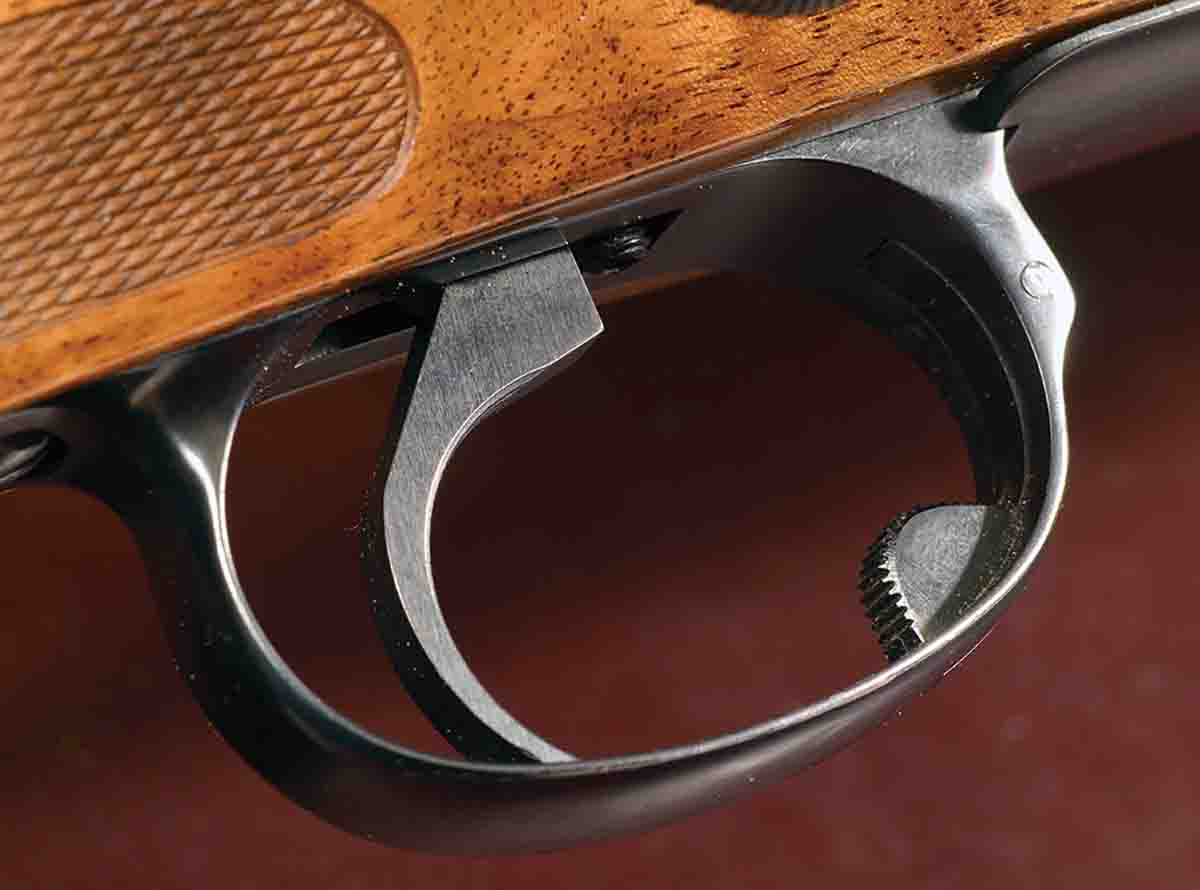 The rifle is fitted with a Canjar trigger. The floorplate release has been altered to an Oberndorf-style catch in the trigger guard.